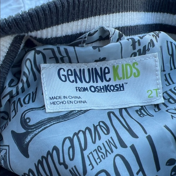 Oshkosh Genuine KIDS Metallic Silver Kids Bomber Varsity Jacket Striped Cuffs - Picture 2 of 7